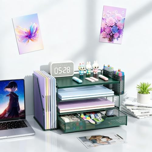 gianotter Desk Organizers and Accessories with File Holder, 4-Tier Desk Accessories & Workspace Organizers with Drawer and 2 Pen Holder, Desk Reference Organizer (Green, 4T with Metal Drawer) - Image 6
