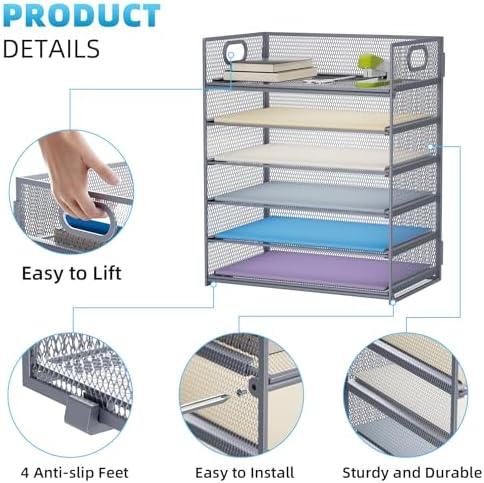 Marbrasse 6 Tier Paper Organizer Letter Tray - Mesh Desk File Organizer with Handle, Paper Sorter for Letter/A4 Office File Folder Holder - Grey - Image 4