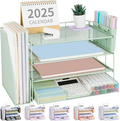 Desk Organizer, 4-Tier Desktop File Organizer with Drawer and Pen Holders, Office Desk Accessories, File Sorters, Workspace Organizers for Office Supplies(Green) by OPNICE