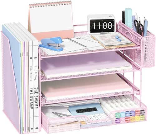 Desk Organizers and Accessories, 4-Tier Desktop File Organizer with Drawer and Pen Holders, Office Desk Accessories Workspace Organizers for Office Supplies (Soft Pink) by OPNICE