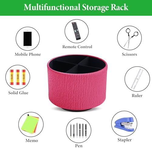 Round Leather Art Supply Organizer,Remote Control Holder,360 Degree Spinning,Multi-Functional Pencil Holder,4 Compartments Desktop Stationary Organizer(1-Vertical Wood Red) - Image 5