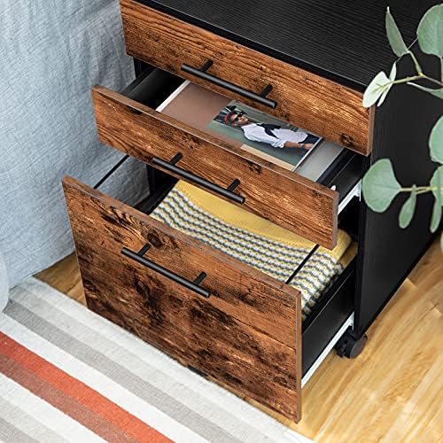 HOOBRO 3-Drawer File Cabinet, Wooden Under Desk Filing Cabinet, fits A4/Letter Size for Home Office, Small Rolling Storage Drawer Chest, Printer Stand with Drawers, Rustic Brown and Black BF02WJ01G1 - Image 5
