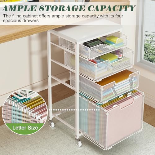4 Drawer Rolling File Cart with Wheels, Mobile Filing Cabinet for Home Office, Hanging File Organizer, Under Desk Storage, Multifunctional Utility Cart Printer Stand, White - Image 4