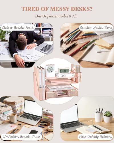 WALI Desk File Organizer, 4 Tier Desktop Paper Letter Tray Organizer with Drawer and 2 Pen Holders, Office Desk Accessories & Workspace Organizers for Office, Home, School Supplies, 1 Pack, Rose Gold - Image 3