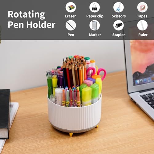 Marbrasse Desk Organizer, 360-Degree Rotating Pen Holder, Desk Organizers and Accessories with 5 Compartments Pencil Holder, Art Supply Storage Box Caddy for Office, Home (White+Grey) - Image 3