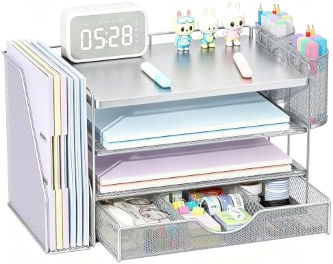 gianotter Desk Organizers and Accessories with File Holder, 4-Tier Desk Accessories & Workspace Organizers with Drawer and 2 Pen Holder, Desk Reference Organizer (Grey, 4T with Metal Drawer) by gianotter