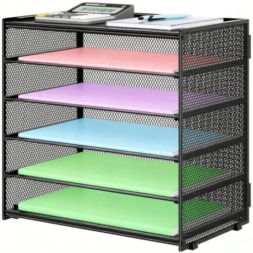 6 Tier Paper Organizer with Handle for Desk,Black with Closed top by SUBEKYU