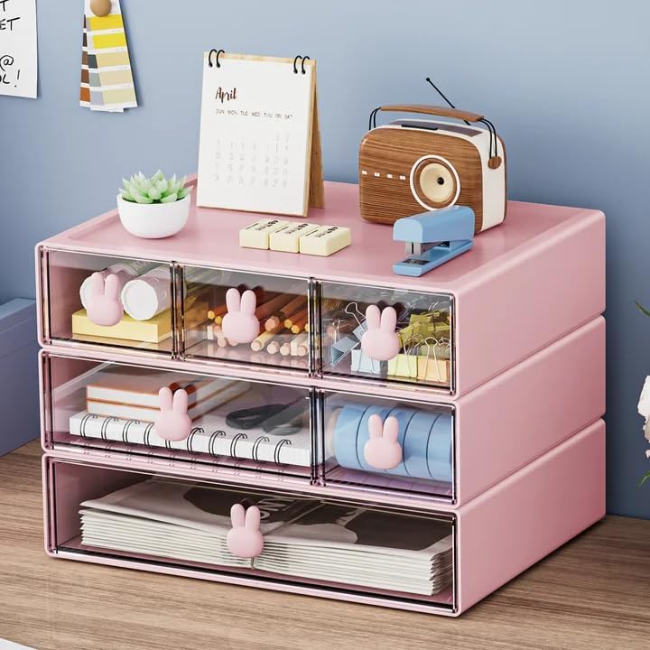 Marbrasse Desk Organizer with 6 Drawers, 3 Tier Stackable Storage Drawers Plastic Makeup Storage, Office Organizers and Storage, Desk Storage Box for Office, School, Home Pink by Marbrasse