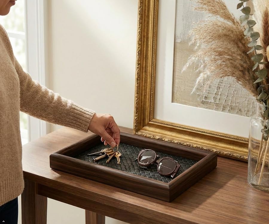 Wooden Valet Tray with Leather Base - EDC Catchall Tray for Men - Image 5