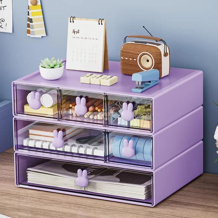Marbrasse Desk Organizer with 6 Drawers, 3 Tier Stackable Storage Drawers Plastic Makeup Storage, Office Organizers and Storage, Desk Storage Box for Office, School, Home Purple by Marbrasse